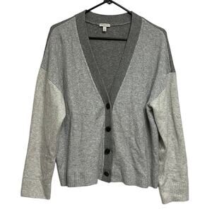 Talbots Colorblock Cardigan Sweater US XL Gray V-Neck Button Front Layer Ribtrim